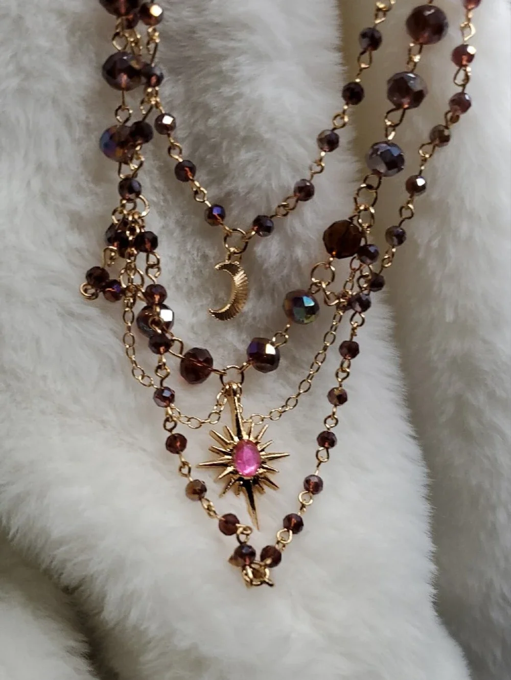 Fashion Jewelry Gold-Tone Layered Necklace with Brown Beads and Pink Star Accent
